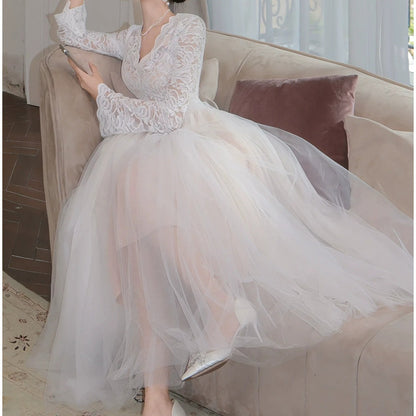 French V Neck Long Sleeve Mesh Gown Dress