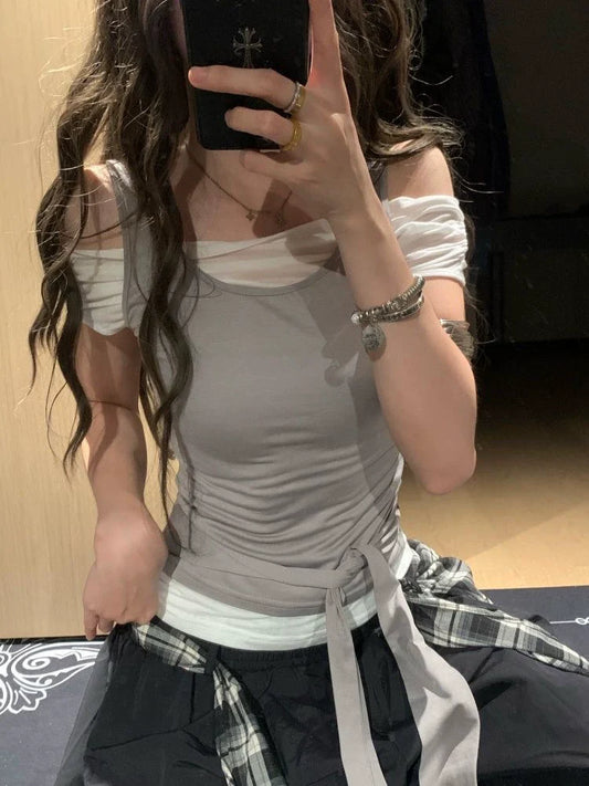 Gray White Fake Two-Piece Tie Detail Y2K T-Shirt