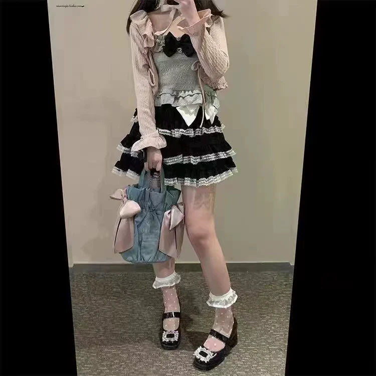 Black [With Free White Bow Subculture Y2K E-girl Sweet & Cool Multi-Layer Lace Cake Skirt High-Waisted Short Fluffy Skirt