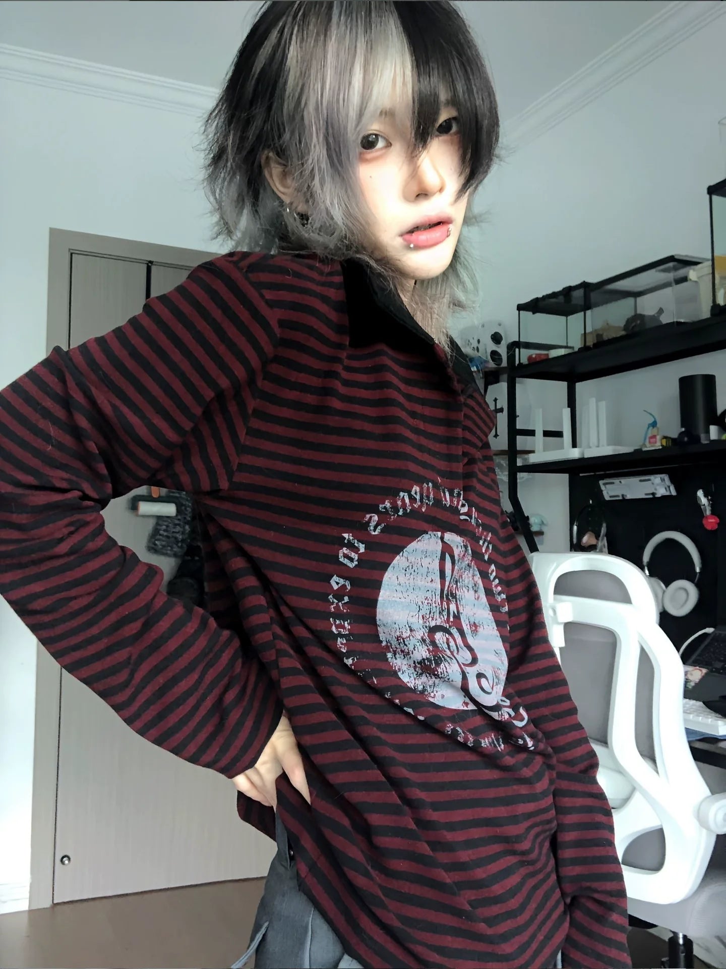 Subculture Black-Red Striped Polo Top Music Note Print Visual Kei Shirt