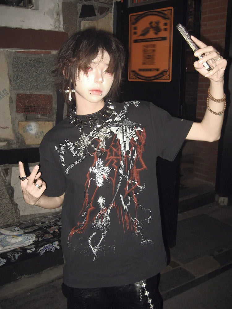 Y2K Subculture Black Polo Tee Punk Visual Kei Top