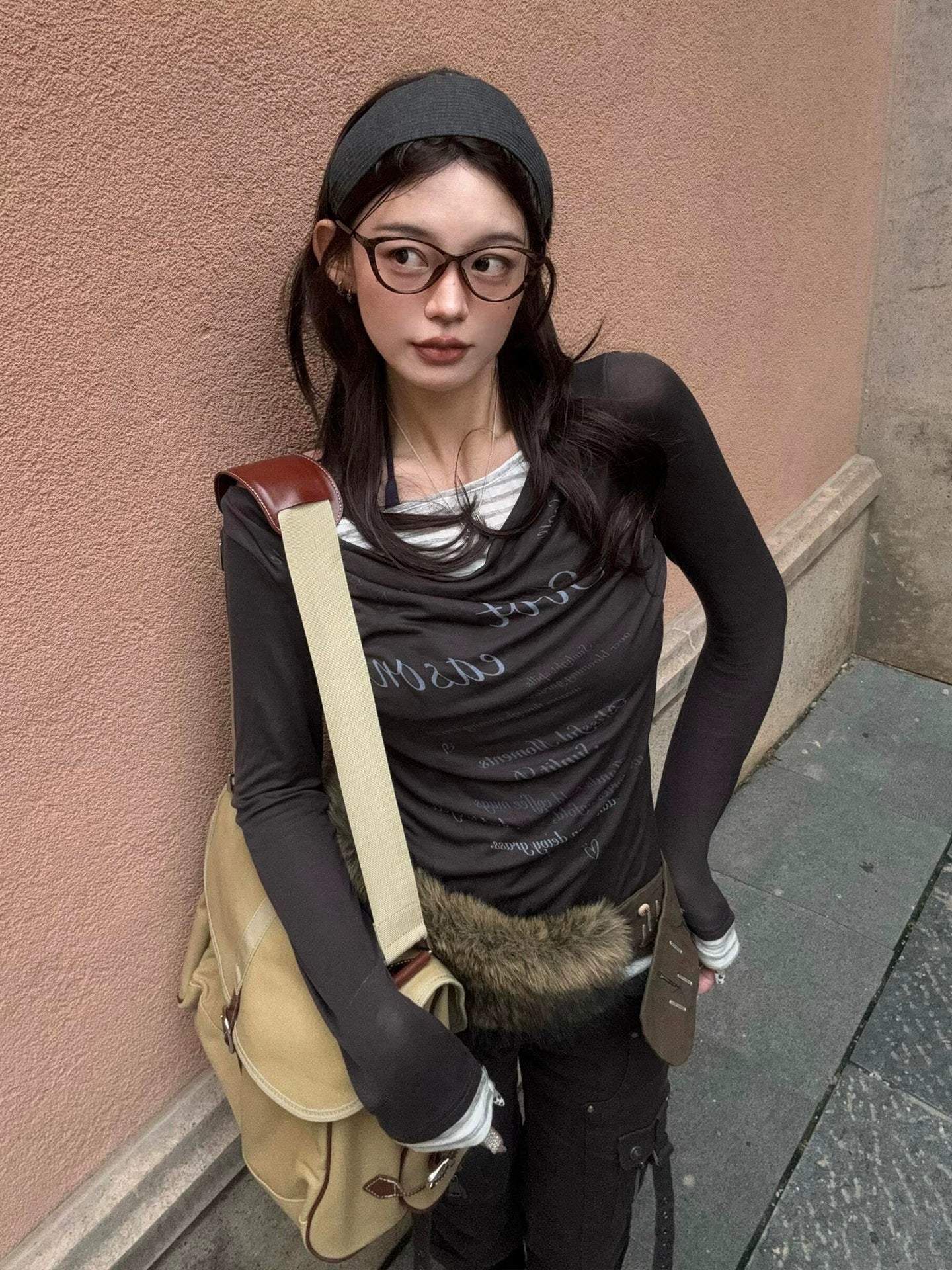 Korean Tencel Faux-Layered Draped Long Sleeve Tee Slim Sun-Proof Top