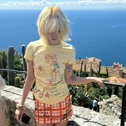 Yellow Anime Print Short Sleeve Tee Summer Slim Fit Y2K Otaku Style Top