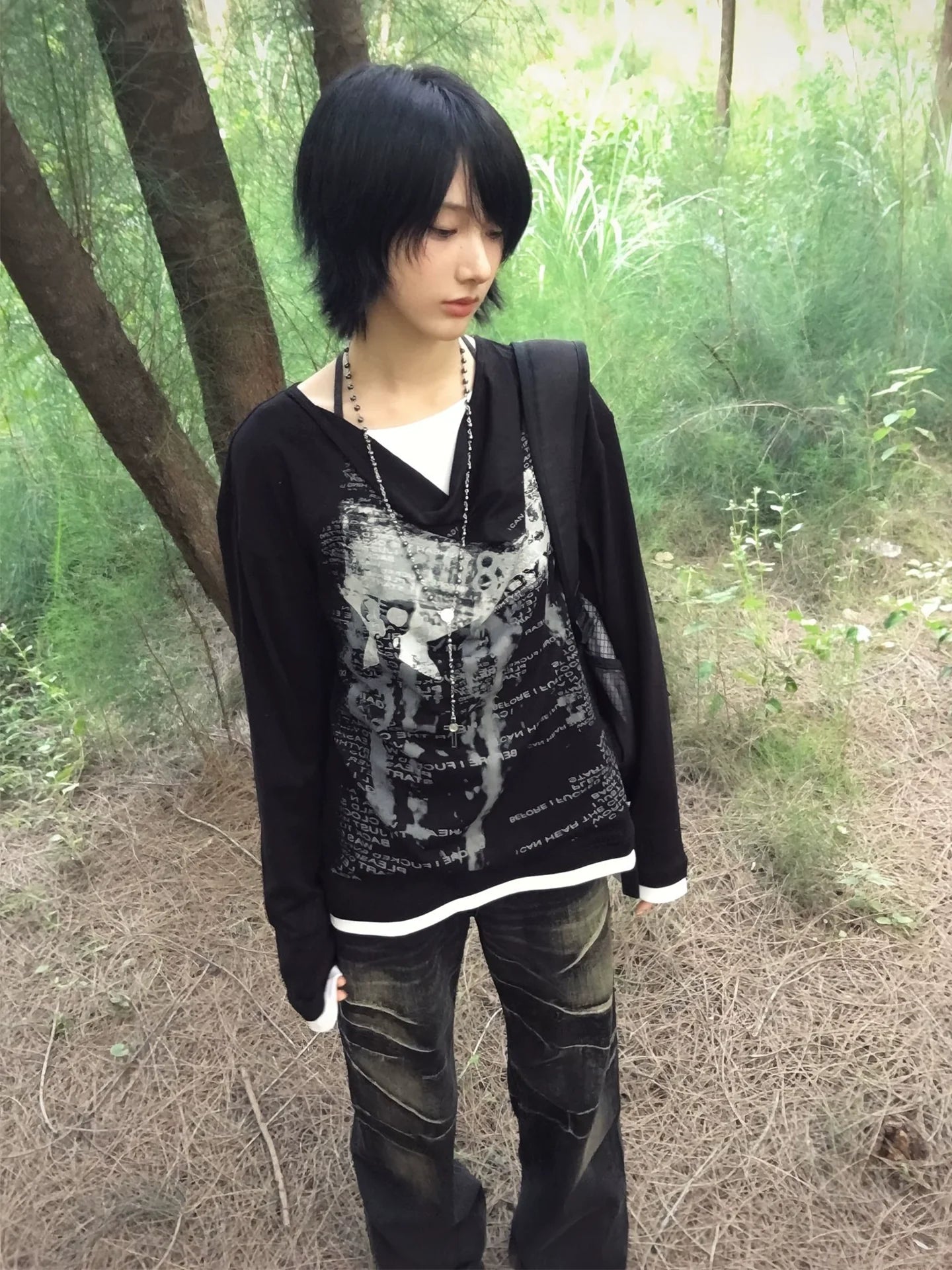 Layered Drape Neck Long Sleeve T Shirt Y2K Visual Kei Punk Top