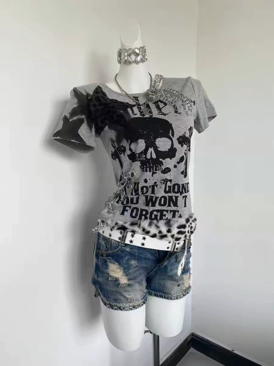 Gray American Vintage Print Short Sleeve Y2K T-Shirt