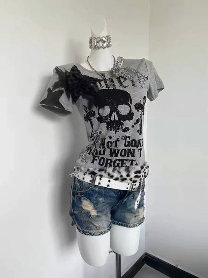 Gray American Vintage Print Short Sleeve Y2K T-Shirt