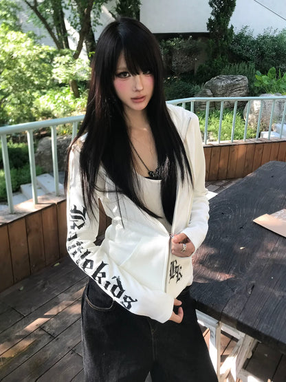 American Gothic Fitted Hoodie Jacket Retro Letter Print Zip-Up Sweatshirt