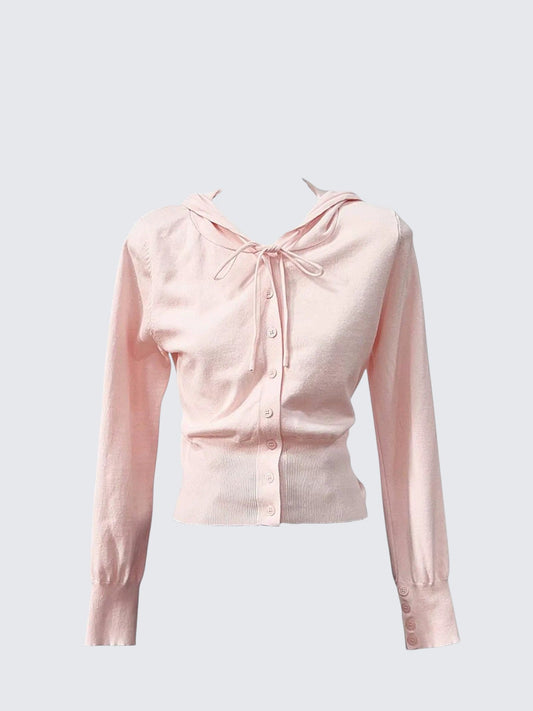 Pink V Neck Hoodie Cardigan Women