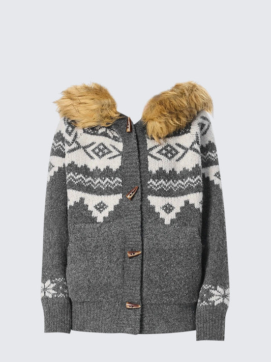Fair Isle Fur Collar Knit Cardigan Women