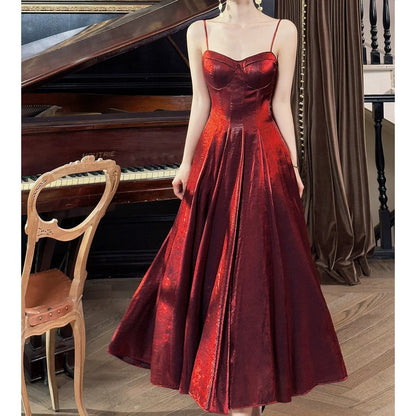 French Red Spaghetti Strap Luxury Gown Dress