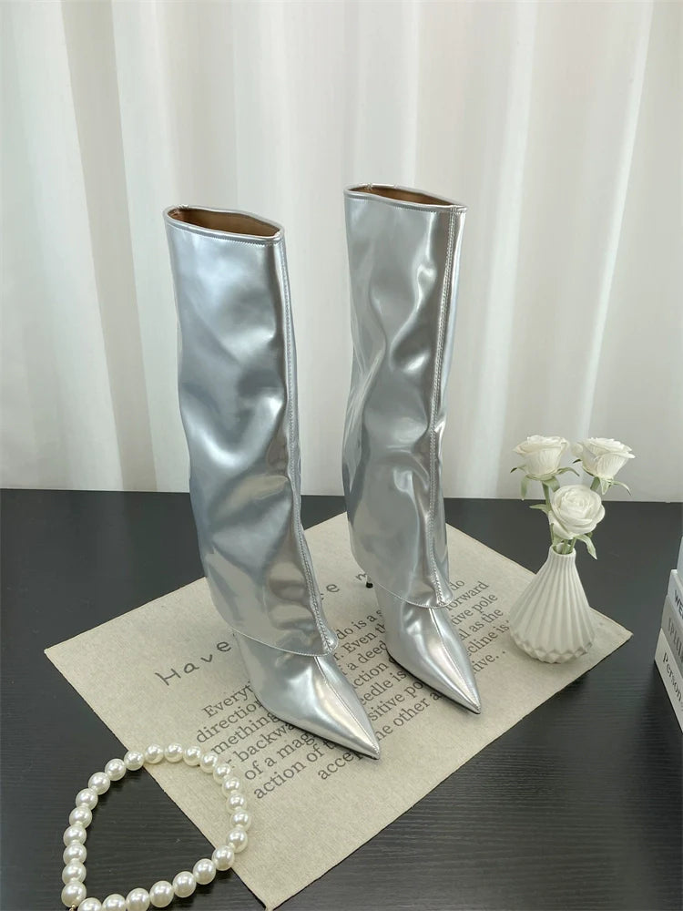 Fall Winter New European Sexy Red Patent Leather Knee High Thin Heel Luxury Pointed Toe Fashion Trouser Boots
