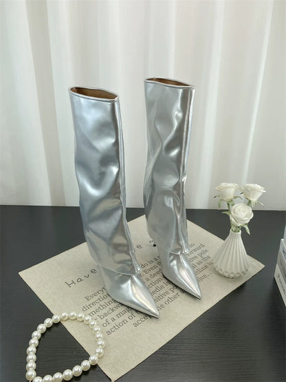 Fall Winter New European Sexy Red Patent Leather Knee High Thin Heel Luxury Pointed Toe Fashion Trouser Boots