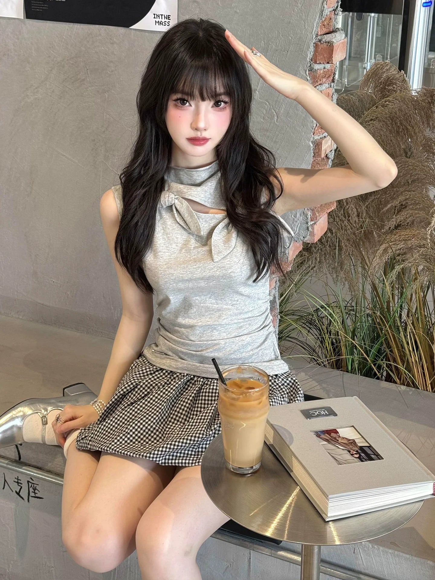 Girly Gray Bow Sleeveless Top