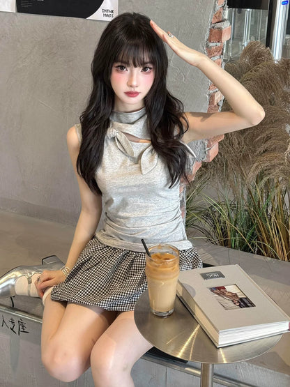 Girly Gray Bow Sleeveless Top