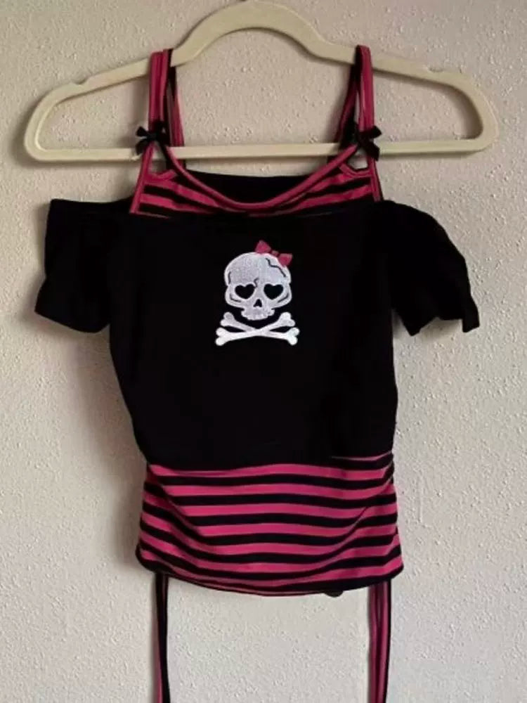 Black Fake Two-Piece Short Sleeve Subculture Punk Y2K Abi American Striped Skull Print Top