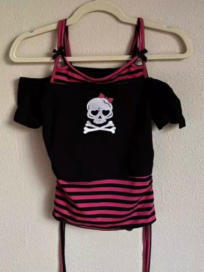 Black Fake Two-Piece Short Sleeve Subculture Punk Y2K Abi American Striped Skull Print Top
