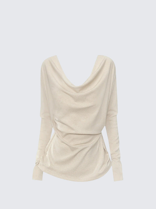 High-Intellect Drape Neck Button Slim Long Sleeve Top