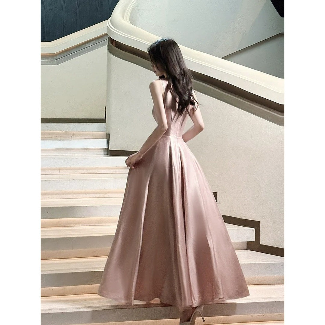 French Pink Butterfly Satin Spaghetti Strap Gown Dress – Engagement and Party Dress