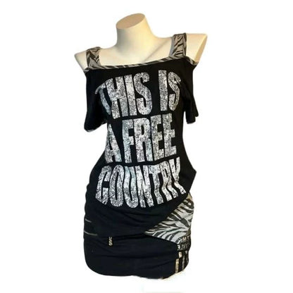 Black Punk American Zebra Print Panel Letter Y2K T-Shirt