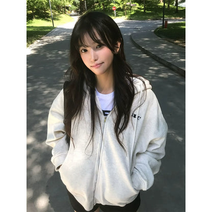 Korean Lazy Chic Hoodie Casual Zip-Up Sweatshirt