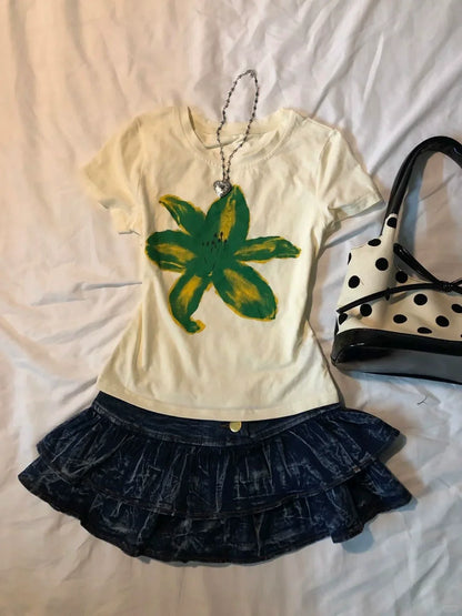 Yellow Subculture Y2K E-girl Abi American Retro Vintage Early Print Short Sleeve Top