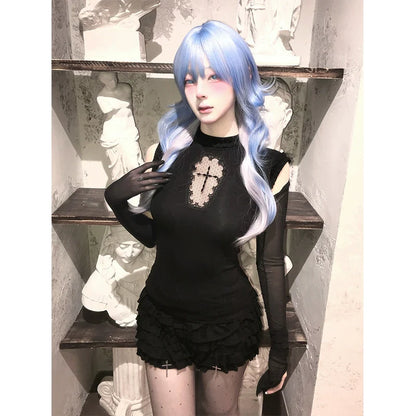 Y2K Subculture Black Tank Hollow-Out Cross Stretch Fitted Top