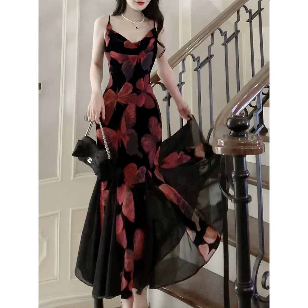 French Velvet Flocked Gown Dress
