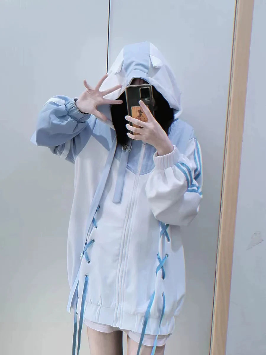 Blue White Y2K Soft Girl Zip-Up Hoodie