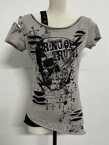 Gray Subculture Punk Y2K E-girl Abi American Retro Skull Fake Two-Piece Short Sleeve Top