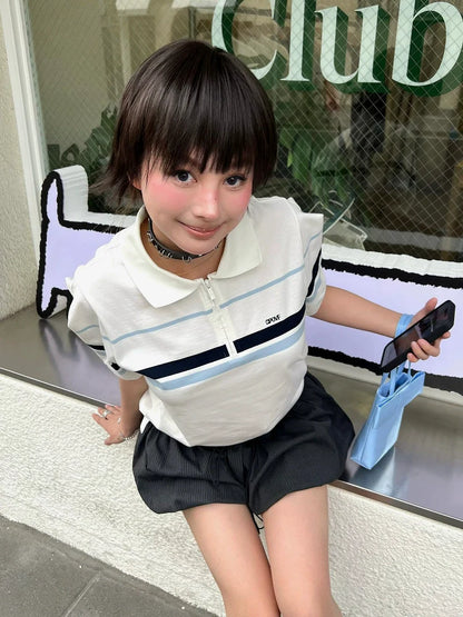 White Polo Tee Smart Academic Stripe Short Sleeve Top