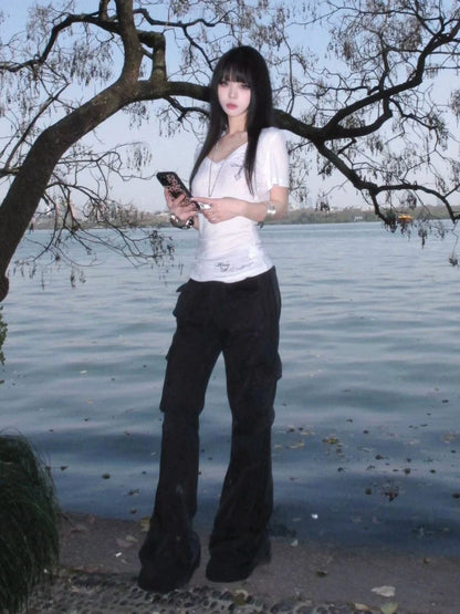 Retro White V Neck Cross Print Short Sleeve Top