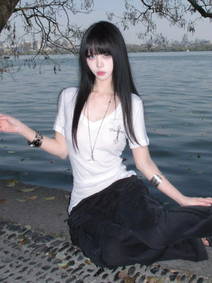 Retro White V Neck Cross Print Short Sleeve Top