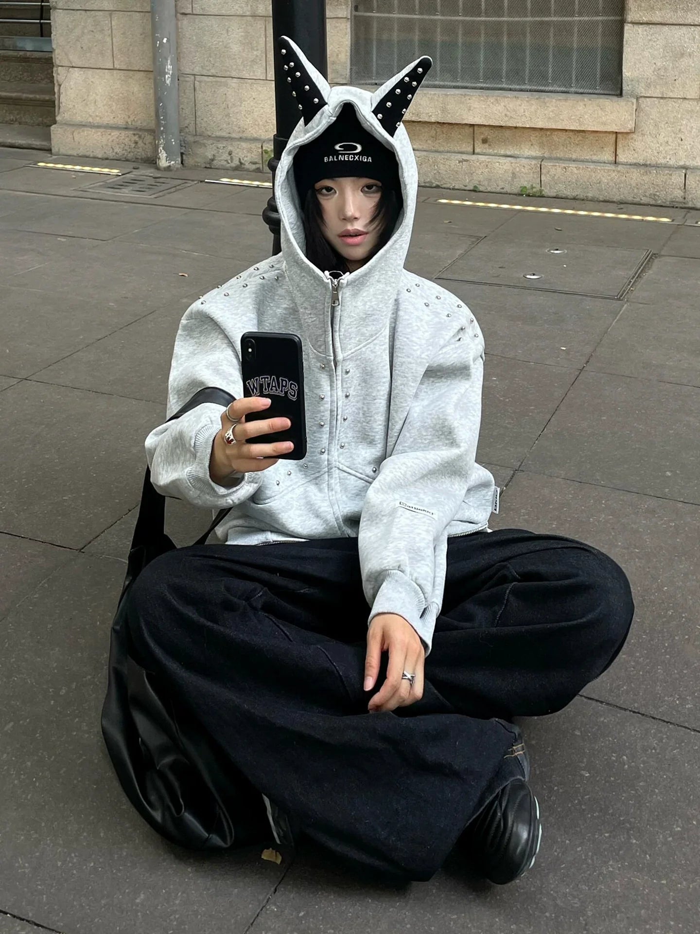 Retro Doberman Studded Zip Up Hoodie Loose Fit Streetwear Top