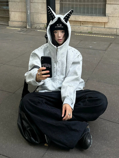 Retro Doberman Studded Zip Up Hoodie Loose Fit Streetwear Top