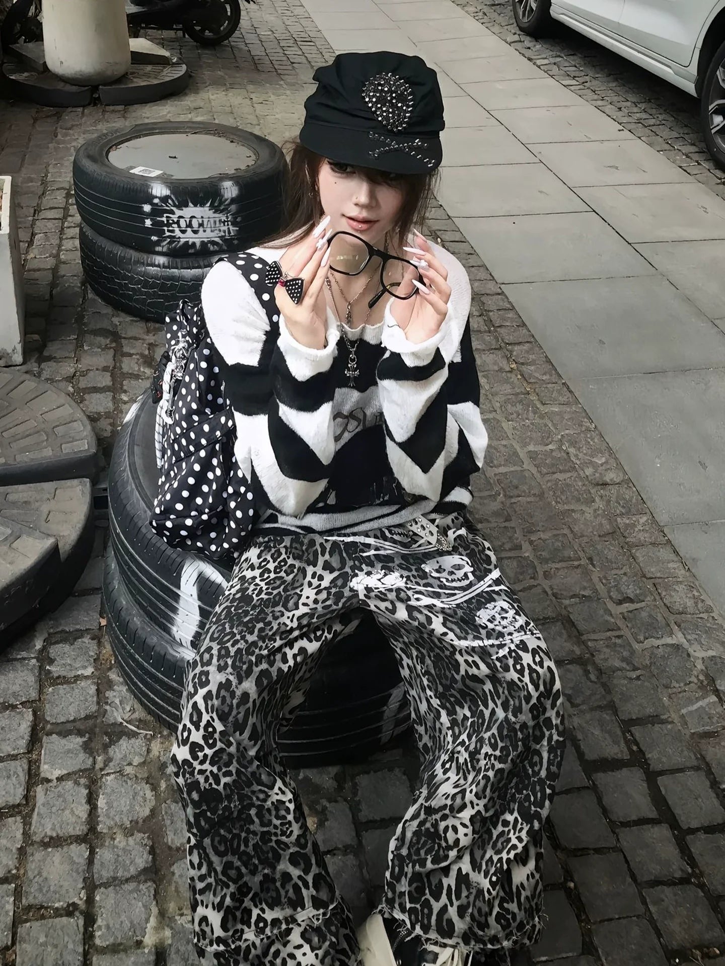 Y2K Black & White Striped Sweater Punk Knit Pullover Autumn-Winter Loose Fit Top