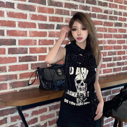 Black Skull Vest Subculture Gothic Punk Y2K E-girl Skull & Rose Print Sleeveless Design Top