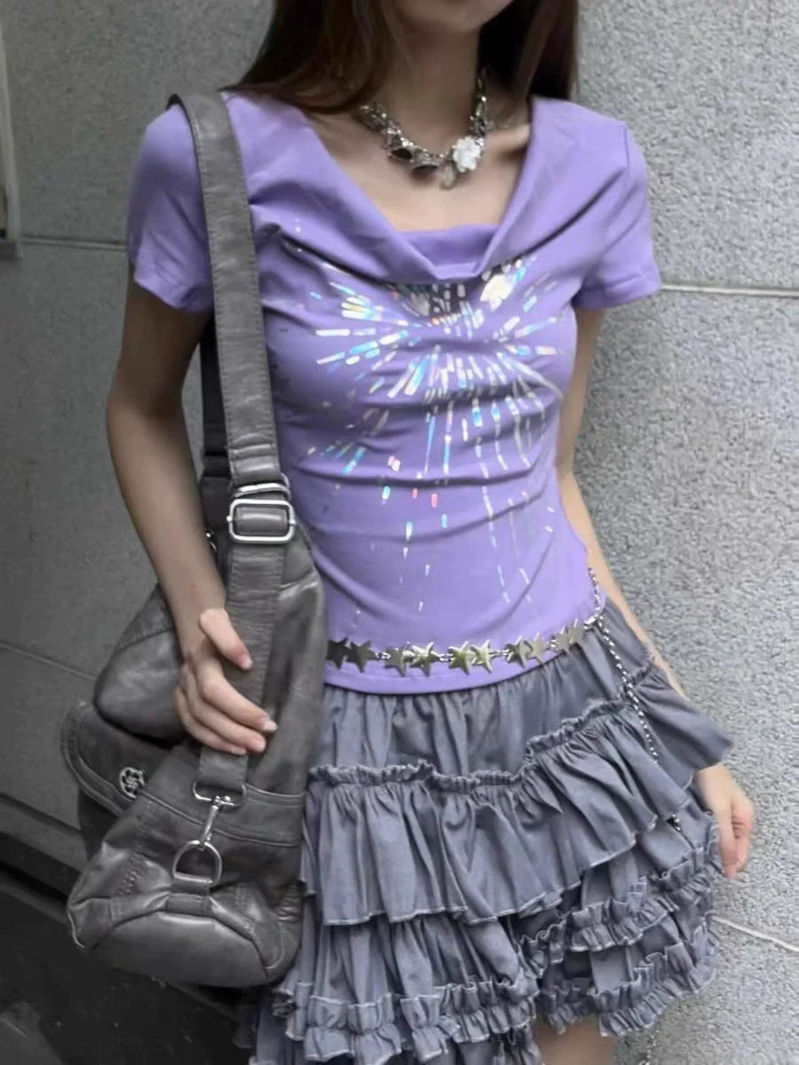 Purple American Vintage Cowl-Neck Waist-Cinched Light Subculture Y2K T-Shirt
