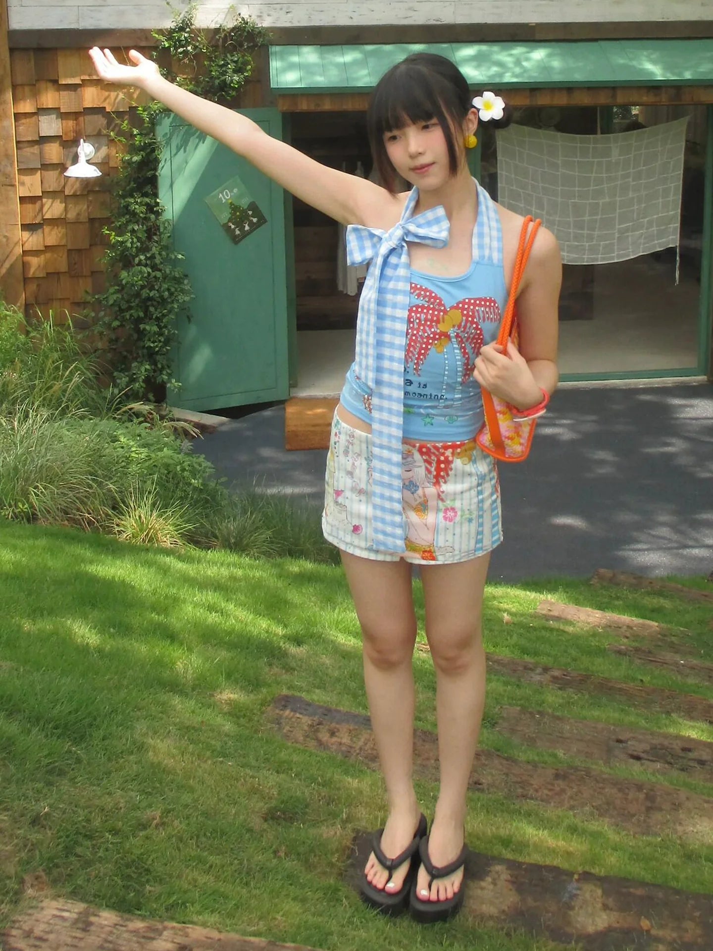 Blue Tropical Print Halter Neck Y2K Crop Top