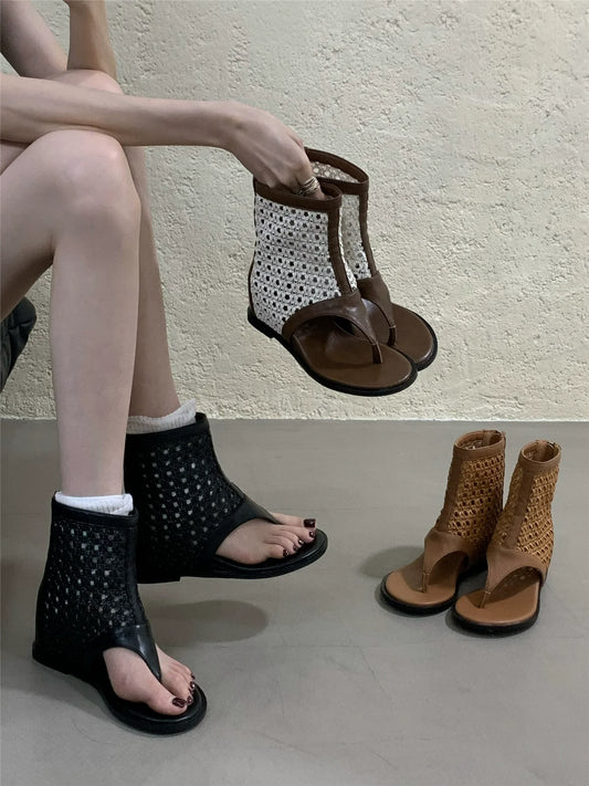 Korean Spicy Girl Retro Toe Post Sandal Boots Petite Lift Mid Calf Niche Foot Slimming Cutout Ankle Boots