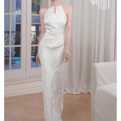 Chinese Satin Halter Mermaid Cheongsam Gown Dress