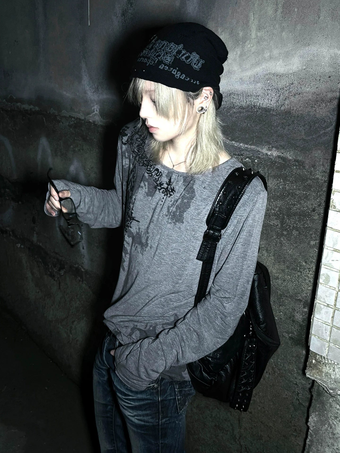 Y2K Grey Wide-Neck Long Sleeve Tee Visual Kei Punk Base Top