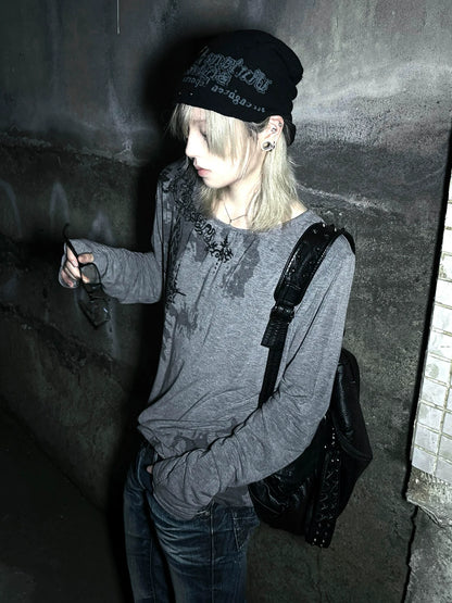 Y2K Grey Wide-Neck Long Sleeve Tee Visual Kei Punk Base Top