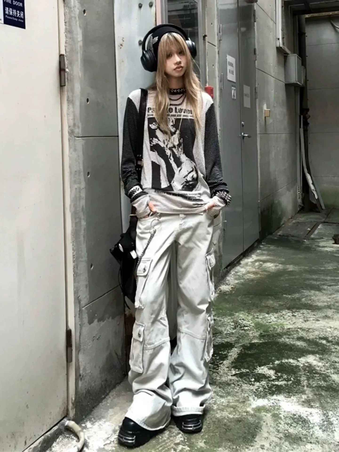 Y2K Subculture Striped Long Sleeve Tee Character Print Visual Kei Top