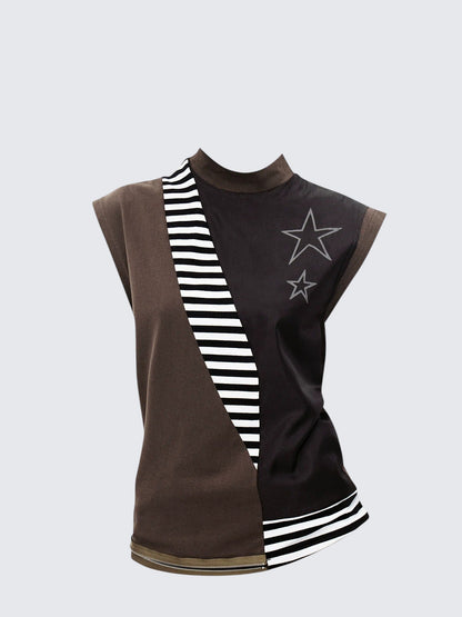 Collared Irregular Stripe Mesh Sleeveless Top