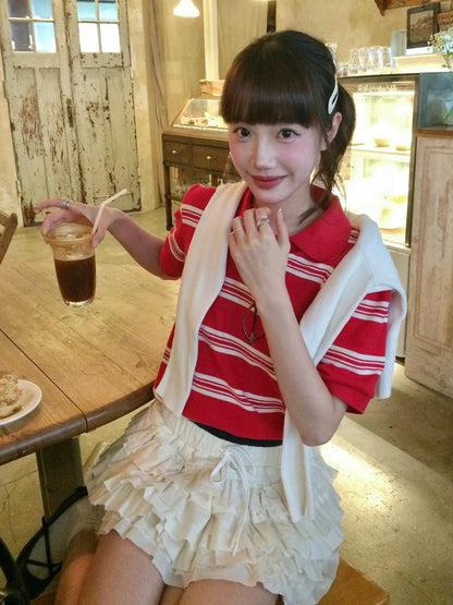 Preppy Red Striped Polo Shirt  Cropped Fitted Short Sleeve Top Y2K College Aesthetic