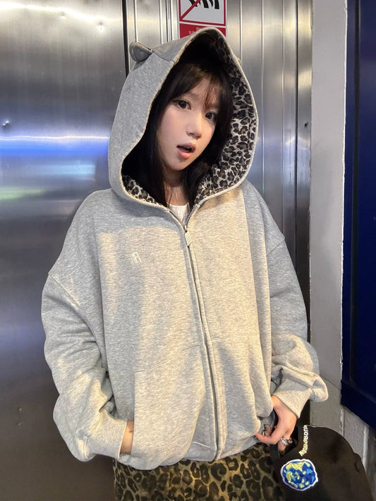 American Leopard Print Hoodie Heavyweight Zip-Up Sweatshirt