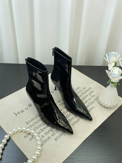 European Style Pointed Toe Patent Leather Red Ankle Boots Spring Autumn Slimming Thin Heel Short Calf Slim Boots Ankle Boots