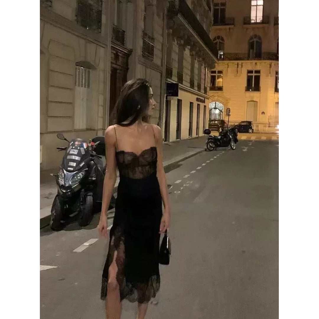 French Lace Contrast Spaghetti Strap Party Gown Dress