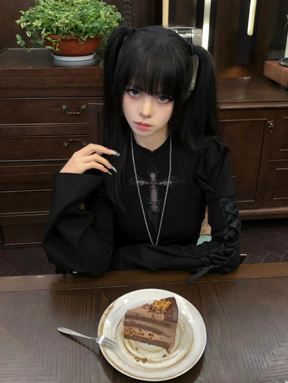 Y2K Flared Embroidered Lace-Up Long Sleeve Top for Early Autumn