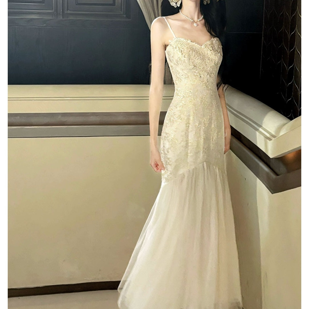 French Lace Tulle Halter Mermaid Gown Dress